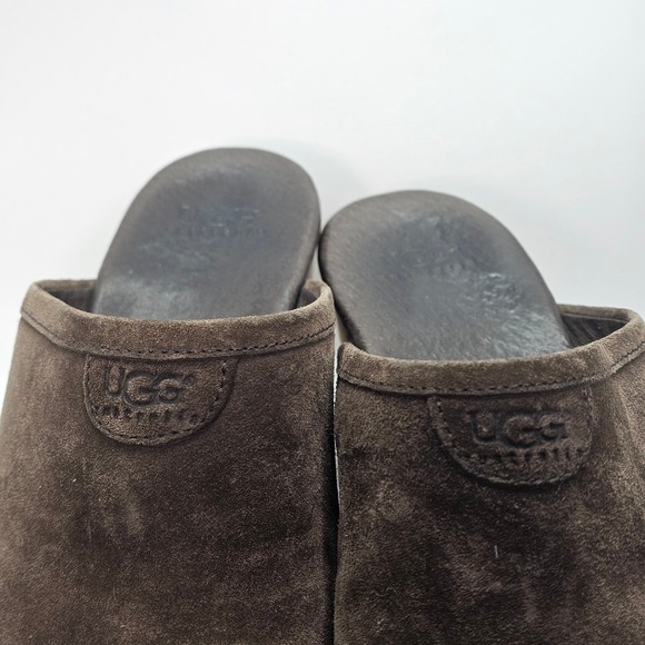 UGG Australia Suede Wooden Clog Mule Heels Sheepskin Lined Brown Sz 8 EU39 - Picture 4 of 10